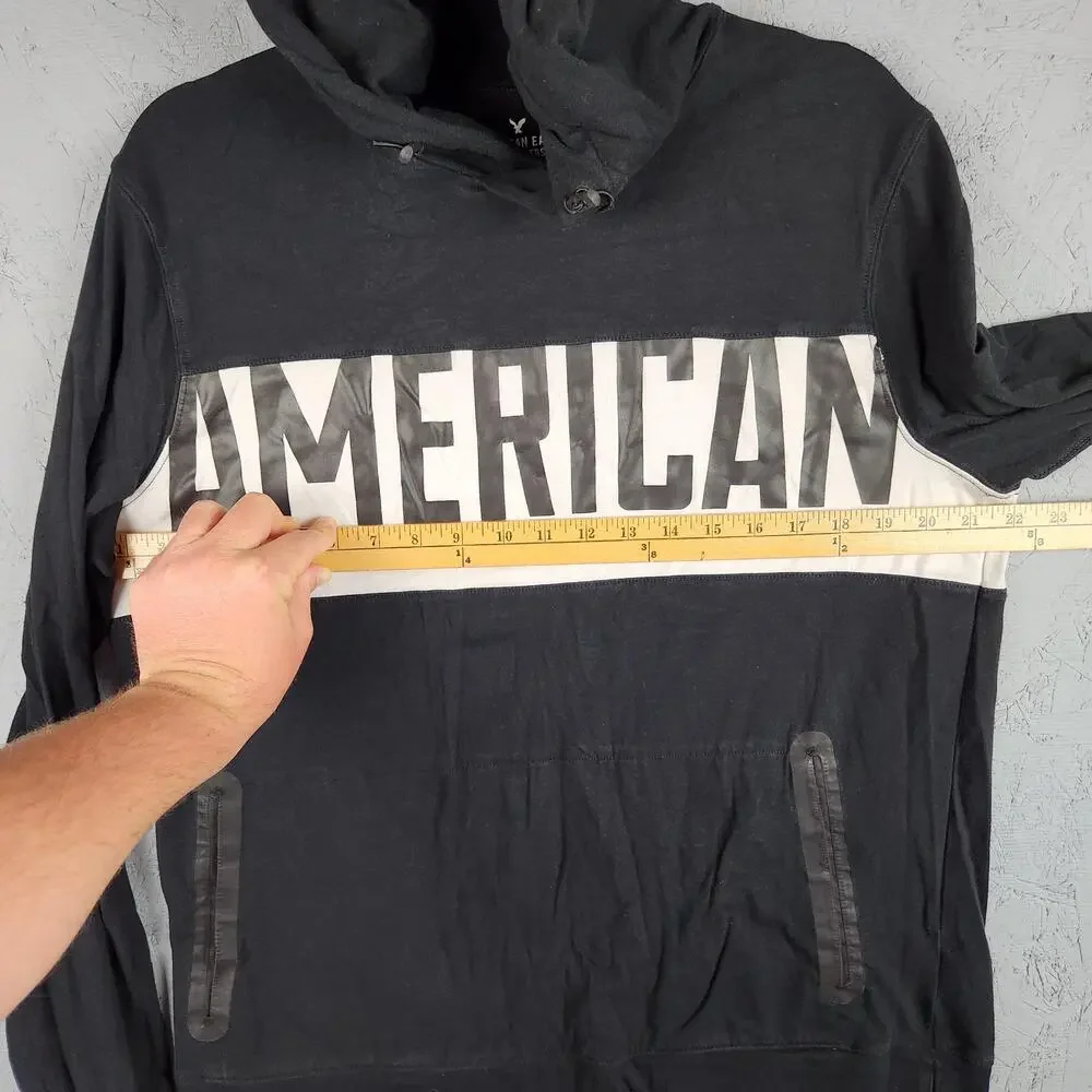 American Eagle Hoodie Mens Medium Black Active Flex Lightweight Sweatshirt Logo